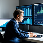 A thoughtful professional individual, dressed in a modest business suit, sitting at a clean, modern desk in a well-lit home office. They are looking intently at multiple computer monitors displaying complex, abstract financial charts and digital data flows, subtly reflecting market dynamics. The pose is natural and composed, conveying deep concentration and the psychological weight of managing investments. The environment is orderly and high-tech, emphasizing professional vigilance. Perfect anatomy, correct proportions, well-formed hands, proper finger count, natural body proportions. Professional photography, high-resolution, ultra-detailed. Safe for work, appropriate content, fully clothed, professional.
