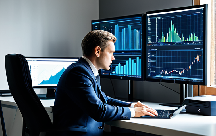 A thoughtful professional individual, dressed in a modest business suit, sitting at a clean, modern desk in a well-lit home office. They are looking intently at multiple computer monitors displaying complex, abstract financial charts and digital data flows, subtly reflecting market dynamics. The pose is natural and composed, conveying deep concentration and the psychological weight of managing investments. The environment is orderly and high-tech, emphasizing professional vigilance. Perfect anatomy, correct proportions, well-formed hands, proper finger count, natural body proportions. Professional photography, high-resolution, ultra-detailed. Safe for work, appropriate content, fully clothed, professional.