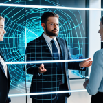 A diverse group of professional individuals, fully clothed in modern business attire, collaborating around a glowing holographic projection that illustrates a complex, interconnected decentralized network. The network displays secure data flow, representing trust and transparency in a digital environment. The setting is a clean, minimalist high-tech office space with soft ambient lighting. Safe for work, appropriate content, fully clothed, professional, perfect anatomy, correct proportions, natural pose, well-formed hands, proper finger count, natural body proportions, professional photography, high quality.
