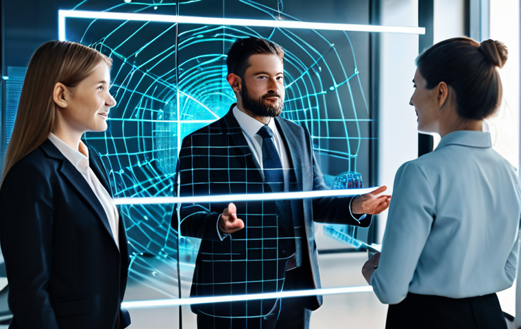 A diverse group of professional individuals, fully clothed in modern business attire, collaborating around a glowing holographic projection that illustrates a complex, interconnected decentralized network. The network displays secure data flow, representing trust and transparency in a digital environment. The setting is a clean, minimalist high-tech office space with soft ambient lighting. Safe for work, appropriate content, fully clothed, professional, perfect anatomy, correct proportions, natural pose, well-formed hands, proper finger count, natural body proportions, professional photography, high quality.