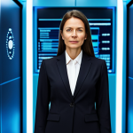 A confident professional woman in her late 30s, dressed in a sleek, modest dark business suit and a collared blouse. She stands in a modern, minimalistic data center or a high-tech control room. The background features glowing abstract digital lines and subtle European Union flag elements, suggesting order and robust security, representing central bank digital currency. perfect anatomy, correct proportions, natural pose, well-formed hands, proper finger count, natural body proportions, professional photography, high resolution, soft lighting, fully clothed, appropriate attire, safe for work, appropriate content, professional.