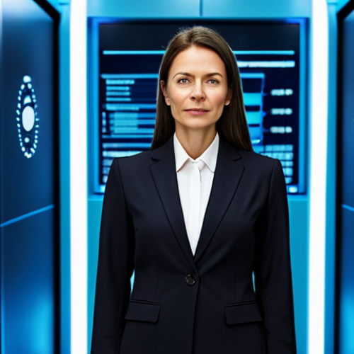 Home 20 A confident professional woman in her late 30s, dressed in a sleek, modest dark business suit and a collared blouse. She stands in a modern, minimalistic data center or a high-tech control room. The background features glowing abstract digital lines and subtle European Union flag elements, suggesting order and robust security, representing central bank digital currency. perfect anatomy, correct proportions, natural pose, well-formed hands, proper finger count, natural body proportions, professional photography, high resolution, soft lighting, fully clothed, appropriate attire, safe for work, appropriate content, professional.