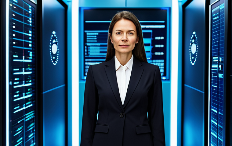 A confident professional woman in her late 30s, dressed in a sleek, modest dark business suit and a collared blouse. She stands in a modern, minimalistic data center or a high-tech control room. The background features glowing abstract digital lines and subtle European Union flag elements, suggesting order and robust security, representing central bank digital currency. perfect anatomy, correct proportions, natural pose, well-formed hands, proper finger count, natural body proportions, professional photography, high resolution, soft lighting, fully clothed, appropriate attire, safe for work, appropriate content, professional.