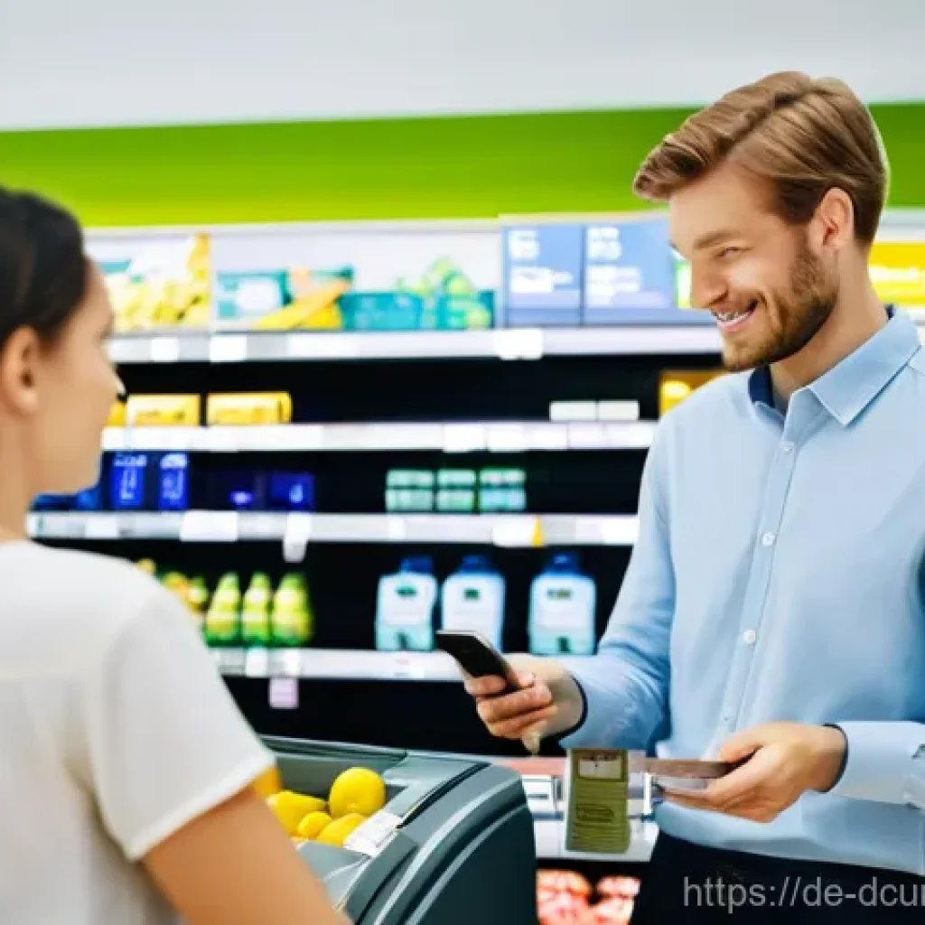 디지털화폐의 유통 및 거래 현황 - **Prompt:** A vibrant and clean scene inside a modern German supermarket. A well-dressed adult (gend...