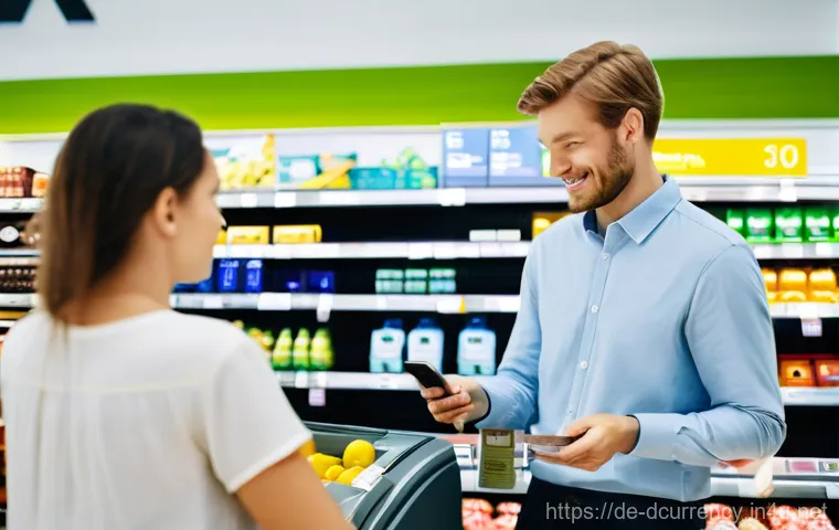 디지털화폐의 유통 및 거래 현황 - **Prompt:** A vibrant and clean scene inside a modern German supermarket. A well-dressed adult (gend...