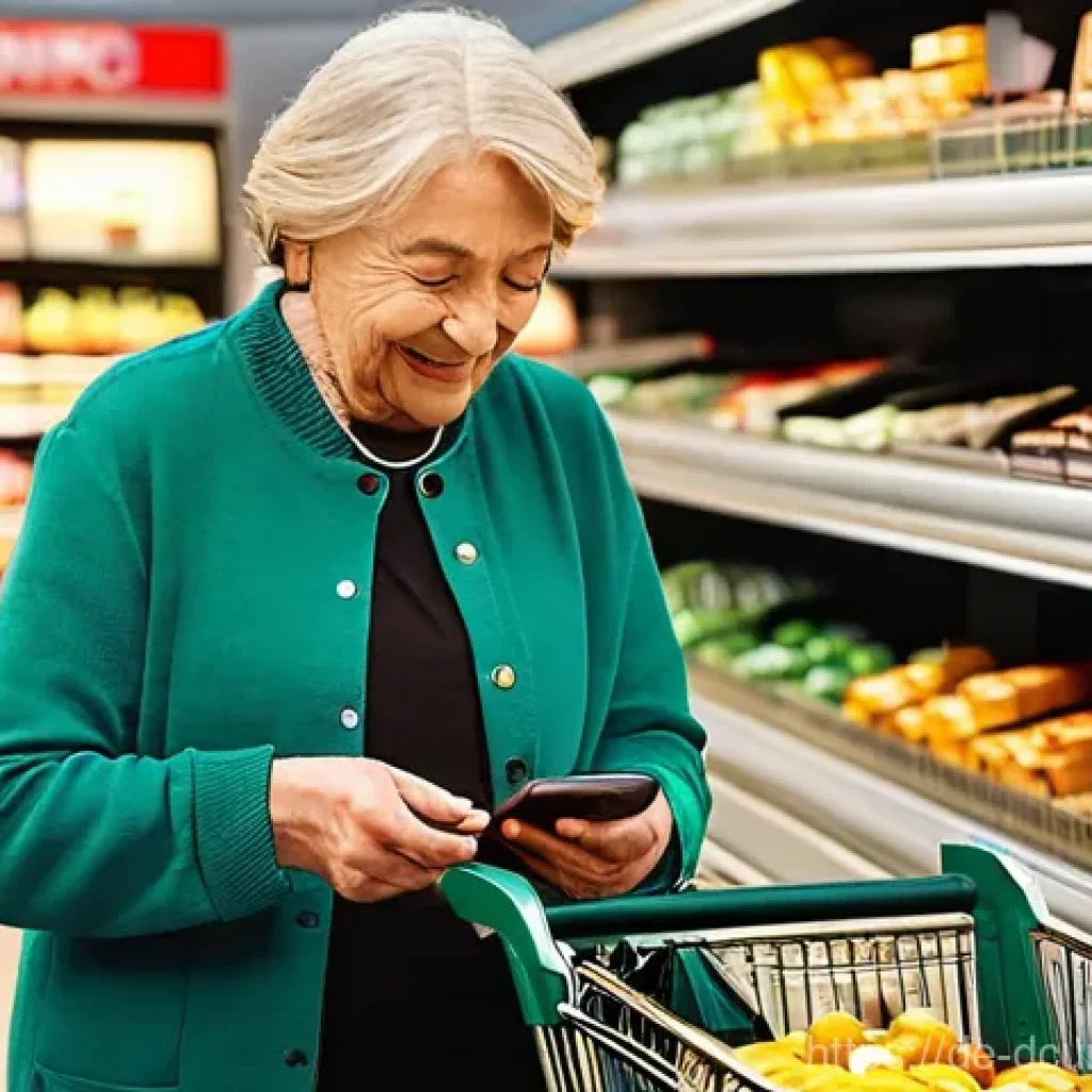 디지털화폐의 결제 시스템 발전 - **Prompt:** A bustling, sunlit German supermarket checkout lane. On the left, an older German woman,...