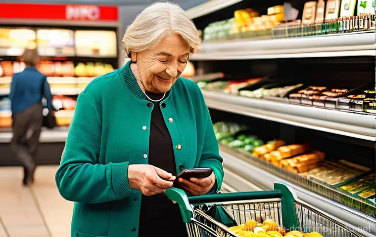 디지털화폐의 결제 시스템 발전 - **Prompt:** A bustling, sunlit German supermarket checkout lane. On the left, an older German woman,...