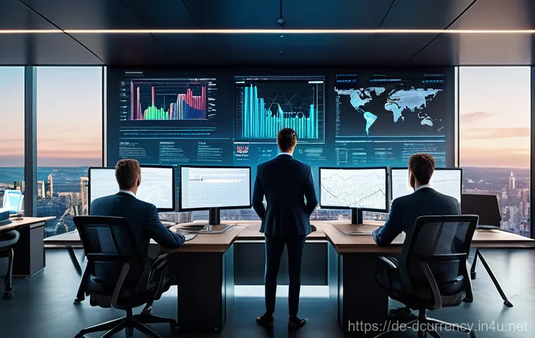 디지털화폐의 거래소 안전성 평가 - A professional, diverse group of individuals in a modern, clean European financial district office, ...