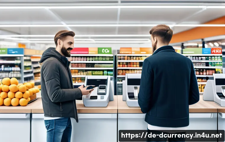 디지털화폐와 블록체인 기술 혁신 - A modern German supermarket checkout scene showcasing a diverse group of customers using contactless...