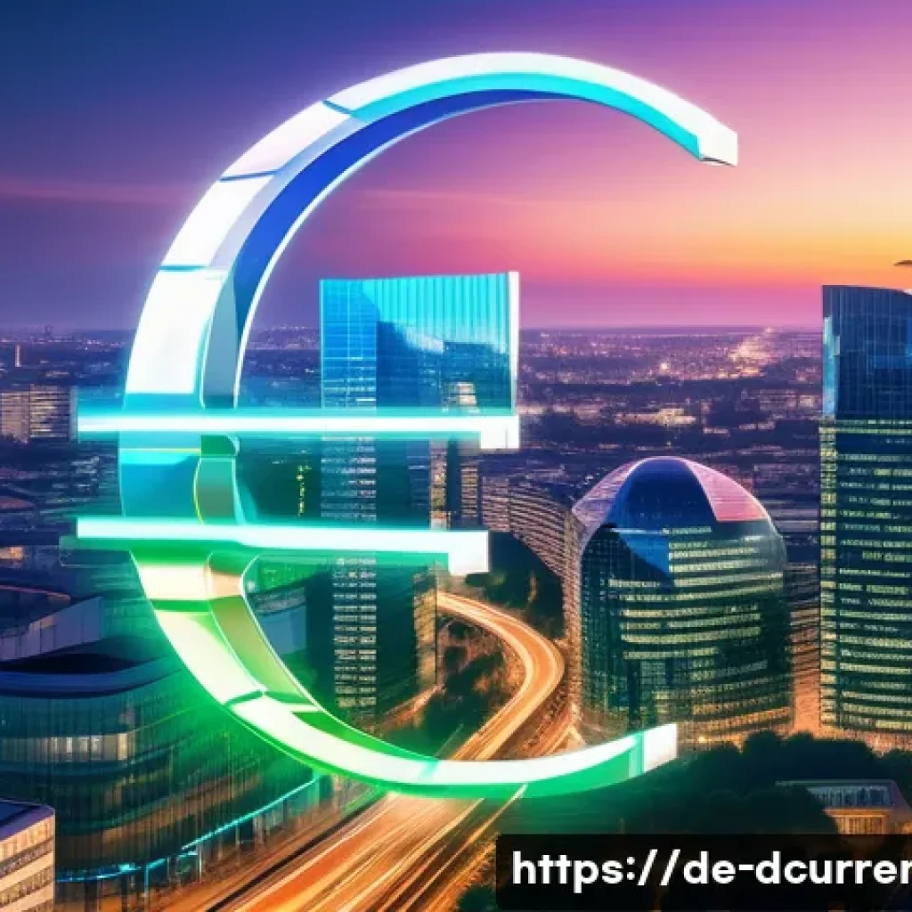 디지털화폐의 글로벌 경쟁력 - A futuristic European cityscape at dusk featuring a large digital euro symbol glowing above a modern...