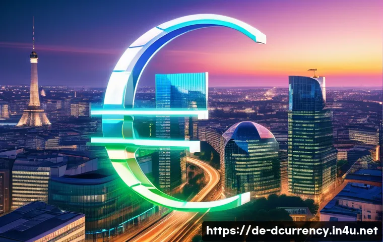 디지털화폐의 글로벌 경쟁력 - A futuristic European cityscape at dusk featuring a large digital euro symbol glowing above a modern...