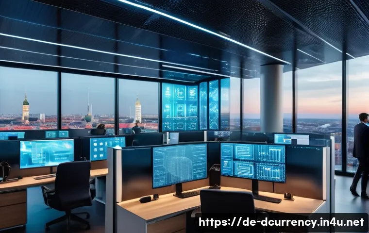 디지털화폐 발행 절차 - A futuristic digital banking control center in a modern German financial district, showcasing hologr...