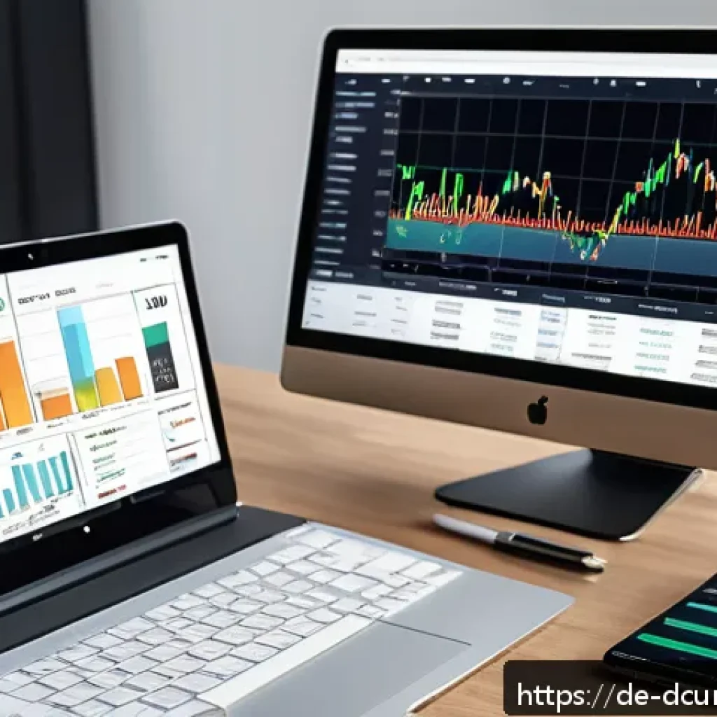 디지털화폐 투자시 유의사항 - A detailed digital illustration of a modern German investor’s desk setup, featuring multiple screens...