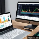 디지털화폐 투자시 유의사항 - A detailed digital illustration of a modern German investor&rsquo;s desk setup, featuring multiple screens...