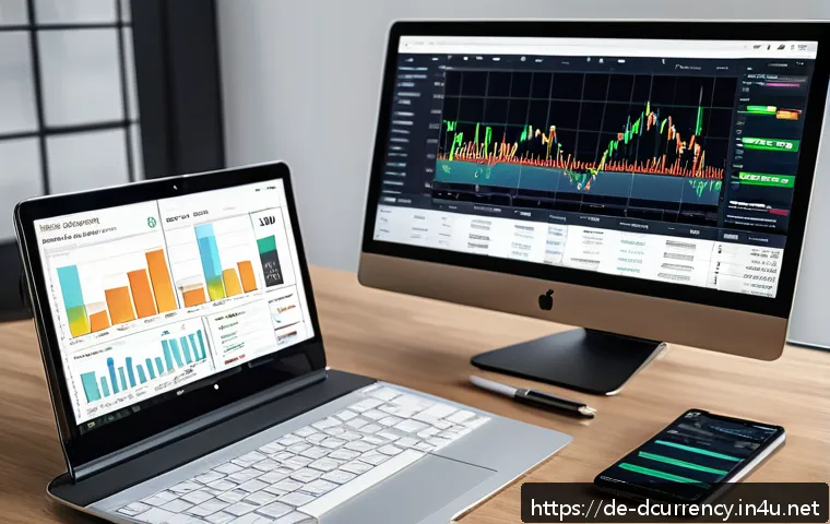 디지털화폐 투자시 유의사항 - A detailed digital illustration of a modern German investor&rsquo;s desk setup, featuring multiple screens...