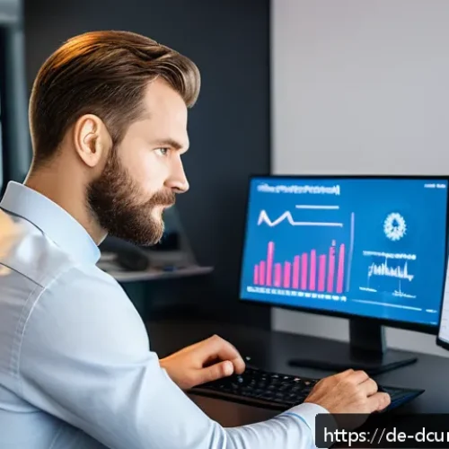 디지털화폐 거래소 안전성 - A professional German man in his 30s sitting at a modern desk with multiple computer screens display...