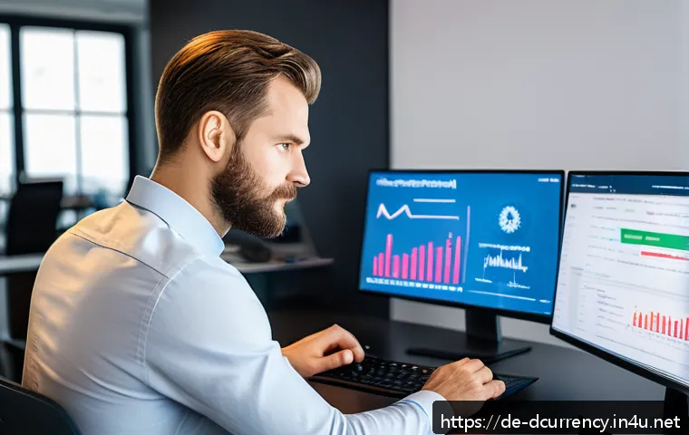 디지털화폐 거래소 안전성 - A professional German man in his 30s sitting at a modern desk with multiple computer screens display...