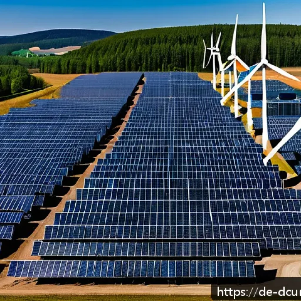 디지털화폐 채굴의 에너지 소비 문제 - A detailed futuristic mining farm in Germany powered by renewable energy sources, showcasing large w...