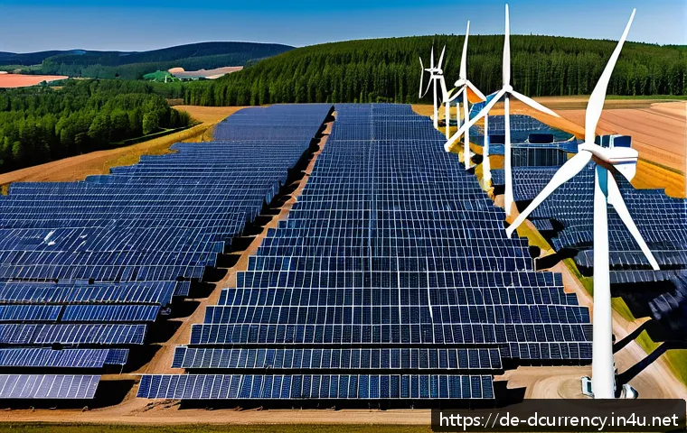 디지털화폐 채굴의 에너지 소비 문제 - A detailed futuristic mining farm in Germany powered by renewable energy sources, showcasing large w...