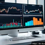 디지털화폐 투자 전략 - A detailed digital illustration of a professional financial analyst&rsquo;s desk in a modern office settin...