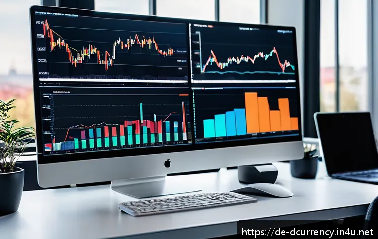 디지털화폐 투자 전략 - A detailed digital illustration of a professional financial analyst&rsquo;s desk in a modern office settin...