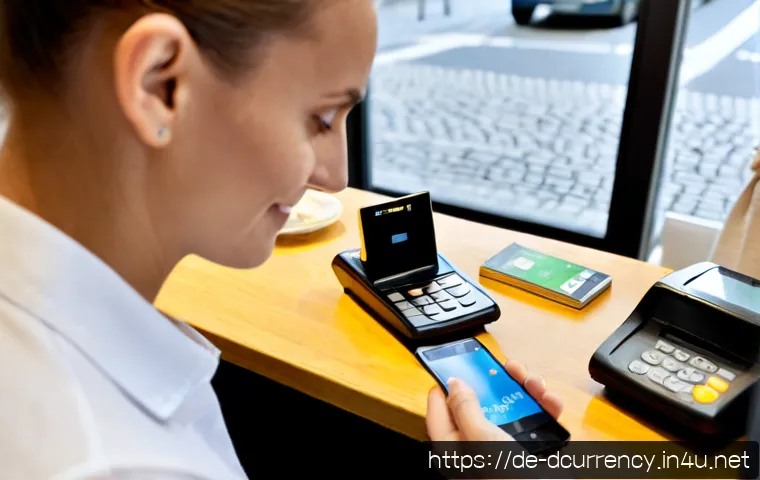 디지털화폐 사용과 국가별 규제 차이 - Photorealistic modern German café payment scene, an adult customer using a contactless smartphone wa...